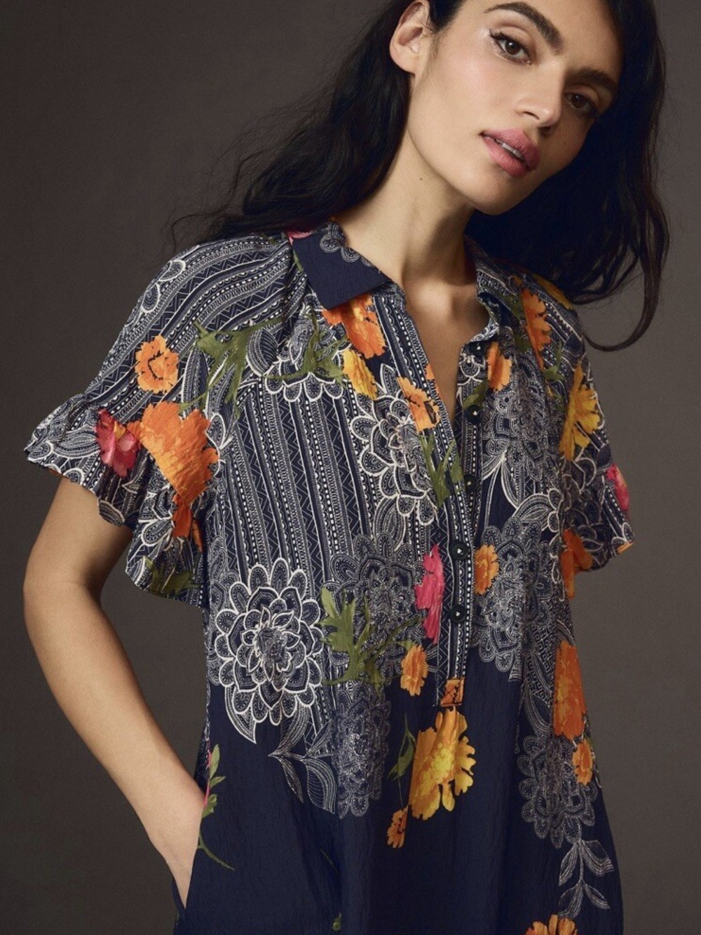 Anthropologie Navy Midi Dress with Orange & Pink Floral Motif